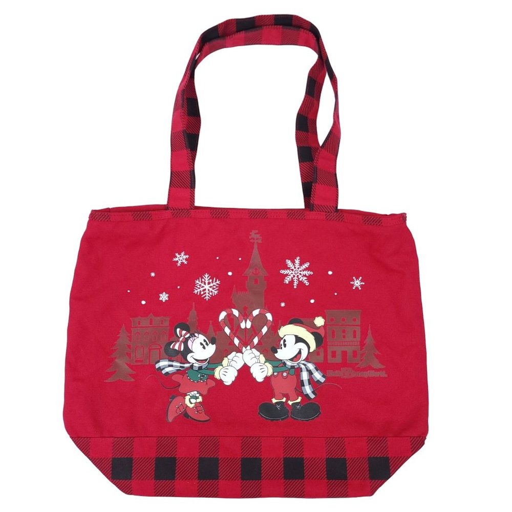 Walt Disney World Parks Tote Bag Red Christmas Mickey Minnie Mouse Plaid Canvas
